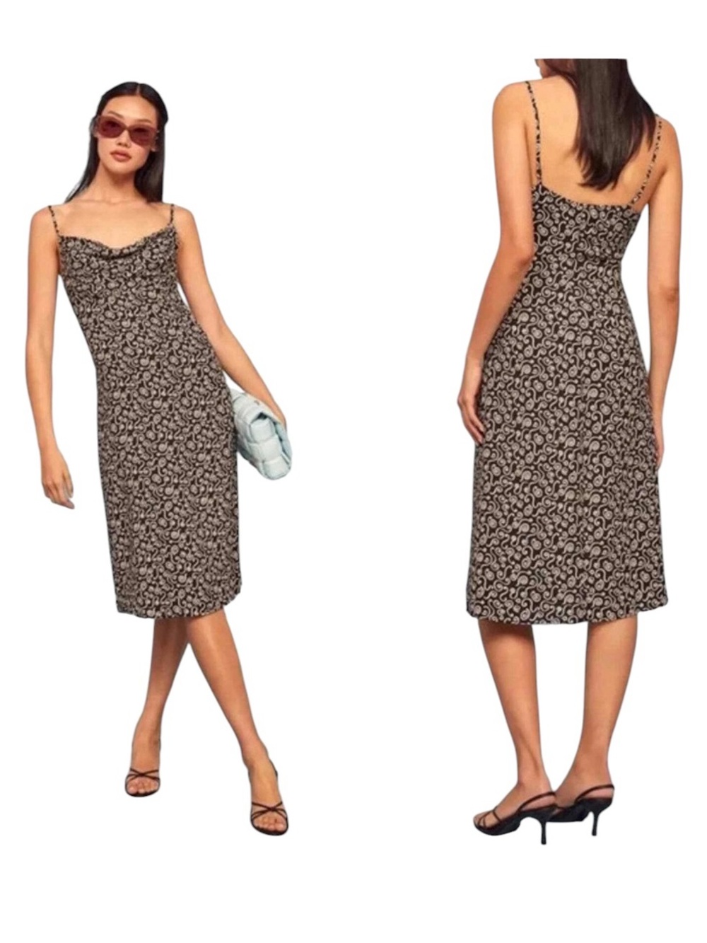 Reformation Astrid Dress in Spiral Black Cowl Neck Pullover Strap READ Descriptn